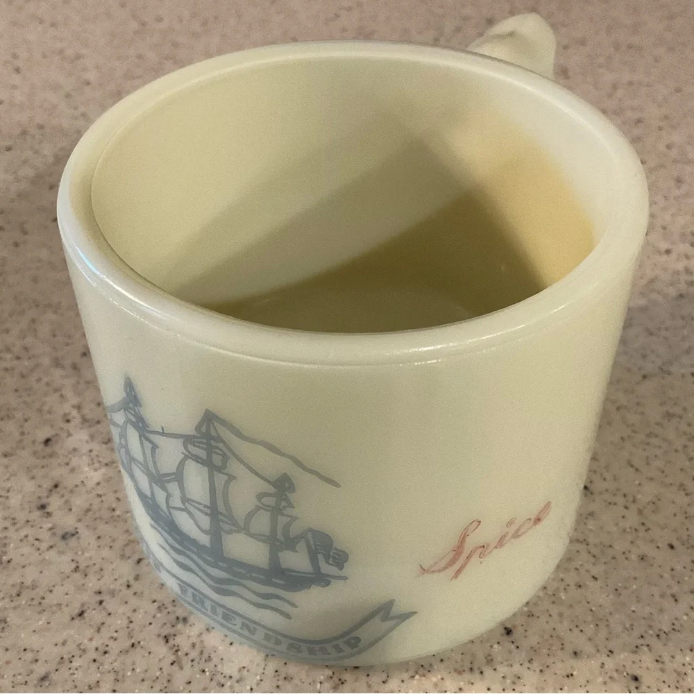 vtg OLD SPICE Shaving Mug Ship Friendship 1940s Marbled Glass Off White Blue +